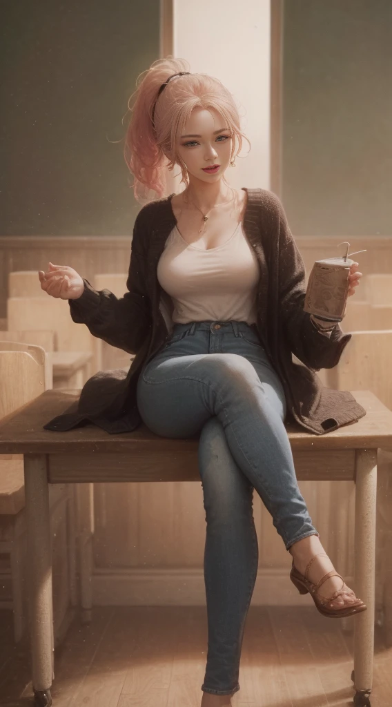 ((masterpiece, Best Quality, high resolution, Perfect Pixel, 8K))), ((1 girl、full body seen))、 ((Bangs、gorgeous pink hairs、ponytail、Rebecca from onepiece anime、two long hairs on side))、((Gorgeous eyes、Beautiful eyelashes、Realistic eyes))、 ((Detailed face, Blushing:1.2))、((Smooth texture:0.75, Realistic texture:0.65, Photorealistic:1.1))、Dynamic Angle、Perfect body、(perfectly insanely detailed eyes、Holding the handbag perfectly、playing with hairs、pink cheeks、((wearing a white shirt、black cardigan、long jeans、handbag、wearing a watch on left hand、earrings、in classroom、University blackboard、happy face、sitting and talking to audience happily、legs crossed、gorgeously legs crossed、eating candy))、mouth open、ultra realistic eyes、ultra insanely detailed eyes、talking to audience、beautiful black heels、(beautiful portrait、very High quality、ultra high definition、 insanely detailed face、ultra high quality、ultra high clarity)、insanely detailed dress、curvy body、white skin、best clarity、ultra highest resolution、8k resolution、beautiful smile、beautiful eyelashes、gorgeous face、gorgeous representation of a face、perfect body、erotic look on face、dynamic lightning、(innocent_big_eyes:1.0)、Bright_Front_face_Lighting、shiny skin、bokeh:1.2、Full body shot、professional photograph、textured leather,big hips, big breasts.