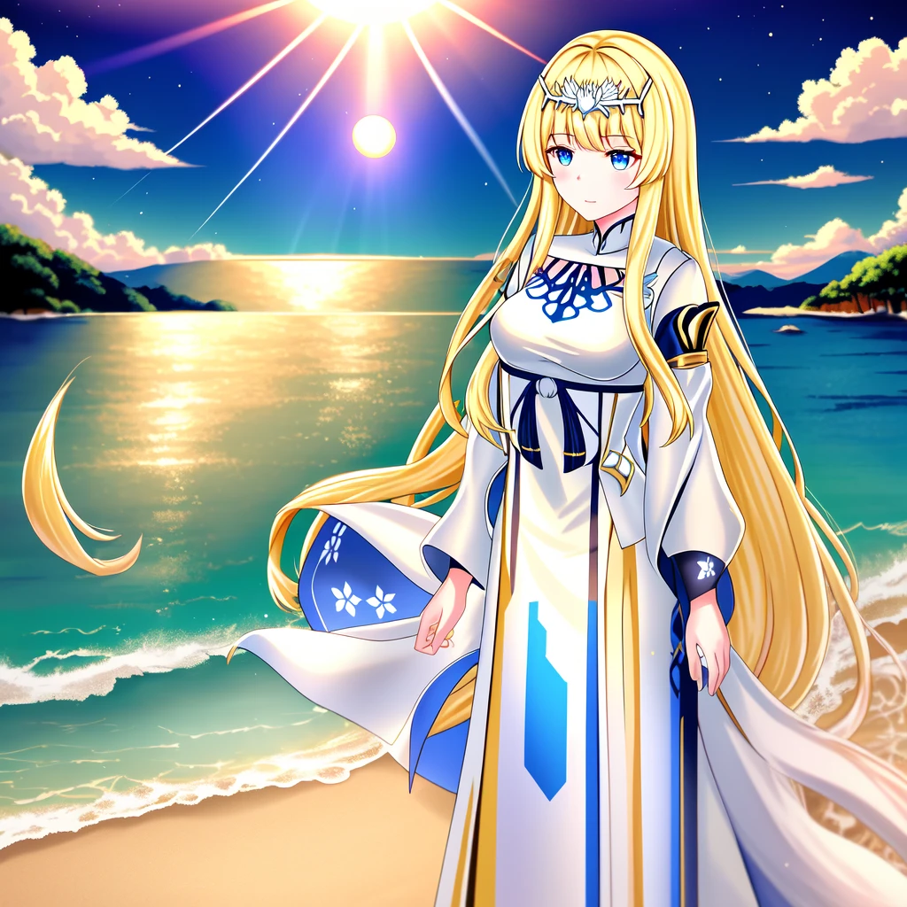Genshin Impact stlye, detailed, The sun cast a warm glow over her, soft waves that danced in the wind. A serene, , 1girl,solo, calca, blonde hair, ,( extremely long hair:1.2), very long hair, extra long hair, white tiara, white dress, blue eyes,Calca Bessarez, medium breast,Calca,