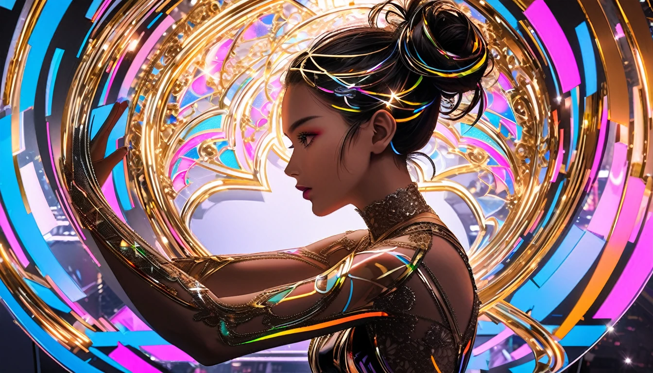Portrait photo of a woman in her twenties made of white and silver transparent glass and plastic, heroine makeup, Black people hairstyle, Silver and gold metal interior, Dynamic pose, Flow organic structure, Detailed engraving, Lace Design, A sparkling golden circuit, colorful Neon decoration, Detailed engraving, Lace Design, Light emitting circuit, Neon decoration, h'art.right. liver, Greg rightutowski, Image of using generative AI, computer, smartphone, Laser beam