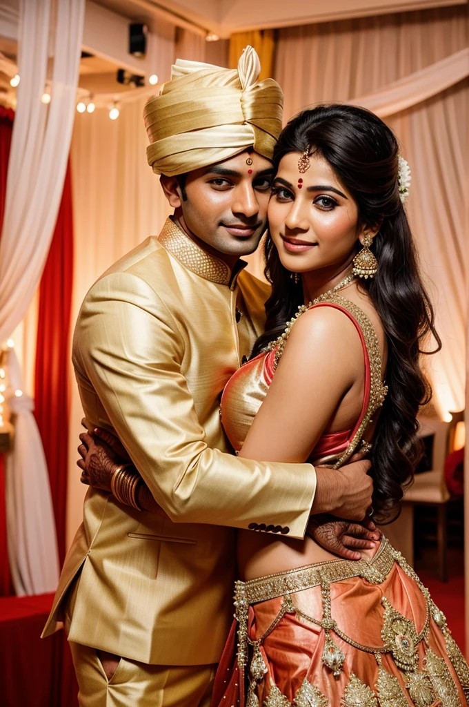 Generate Generate me an image of man and women hugging in indian wedding attire back posing hidden face