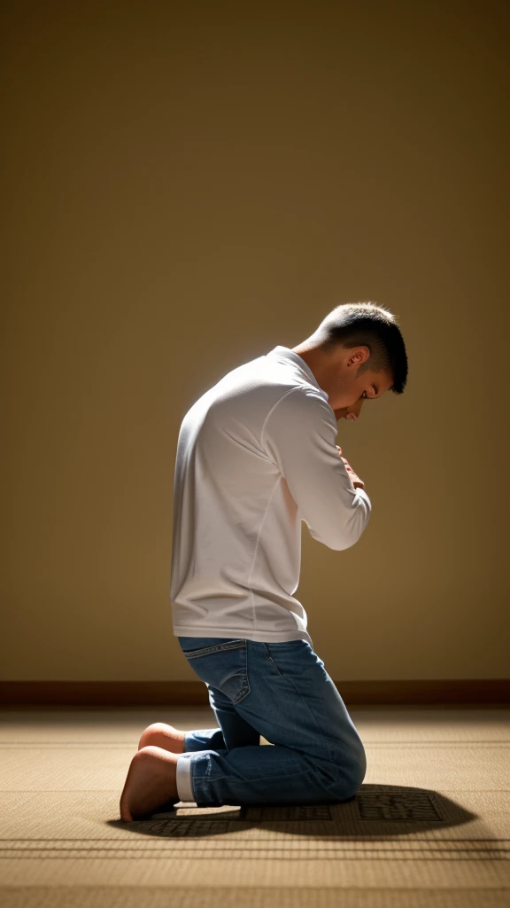 Daniel kneeling in prayer, surrounded by light, showing your dedication to God.