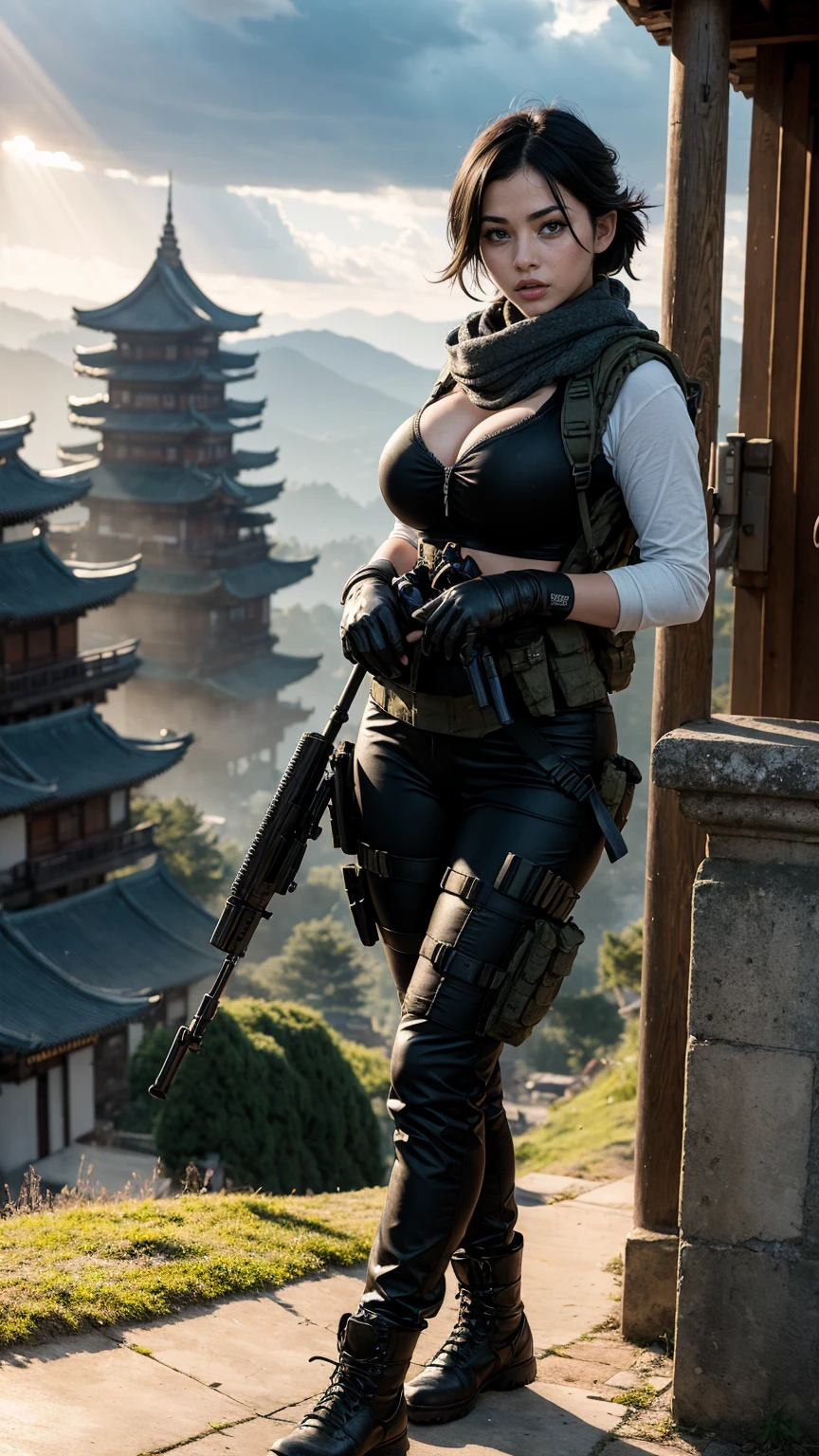 (masterpiece, best quality:1.2), mara (call of duty), 1girl, solo, black hair, gloves, scarf, tattoo, military, breasts, holster, pants, load bearing vest, umbrella, cloud, sky, sunlight, light rays, architecture, outdoors, sunbeam, cloudy sky, east asian architecture, day, blurry, scenery, indian
