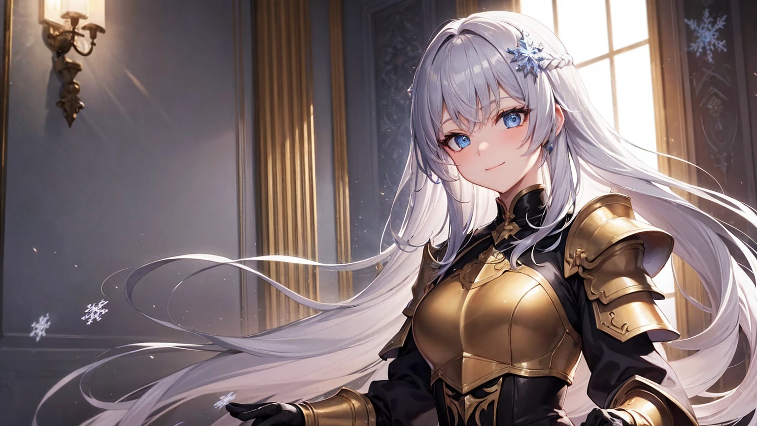 beautiful girl,Gray Hair,Brown thick dress,Long Hair,girl,Gothic,Platinum color,Snowflake hair ornament,blue eyes,Thick clothes,saint,Iron Armor,star ,starの服の装飾,Beautiful clothes,Character portrait,whole body,Clothes with decoration,Golden Clothing,Highest quality,8k, masterpiece:1.3, Sharp focus:1.2,Anime Style,Gloss,Beautiful woman,Highly detailed face and skin texture,Fine grain,Beautiful eyelids,single,Shadow and light texture,palace,European style,1 person,indoor,White Breath,Weak smile