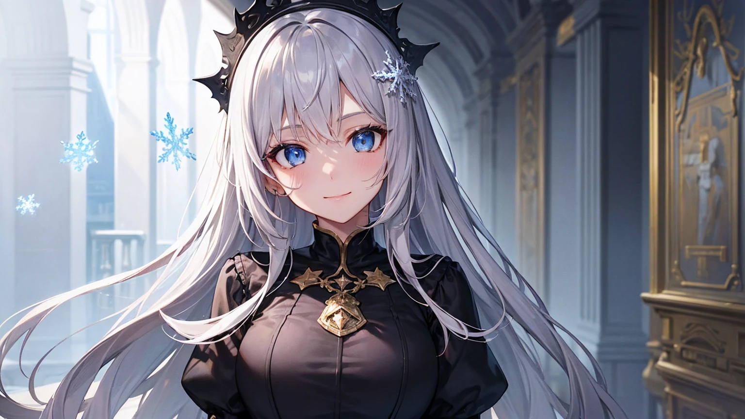 beautiful girl,Gray Hair,Brown thick dress,Long Hair,girl,Gothic,Platinum color,Snowflake hair ornament,blue eyes,Thick clothes,saint,Iron Armor,star ,starの服の装飾,Beautiful clothes,Character portrait,whole body,Clothes with decoration,Golden Clothing,Highest quality,8k, masterpiece:1.3, Sharp focus:1.2,Anime Style,Gloss,Beautiful woman,Highly detailed face and skin texture,Fine grain,Beautiful eyelids,single,Shadow and light texture,palace,European style,1 person,indoor,White Breath,Weak smile