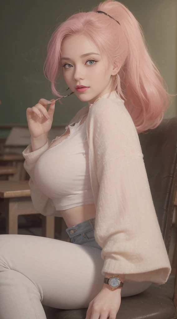 Pink hair woman in lingerie sitting in desk in classroom, amouranth, belle delphine, angelawhite, young beautiful amouranth, better known as amouranth, smooth pink skin, glamourous cosplay, blonde goddess, lacey, anna nikonova aka newmilky, alexa grace, elegant glamourous cosplay, pink girl, loli