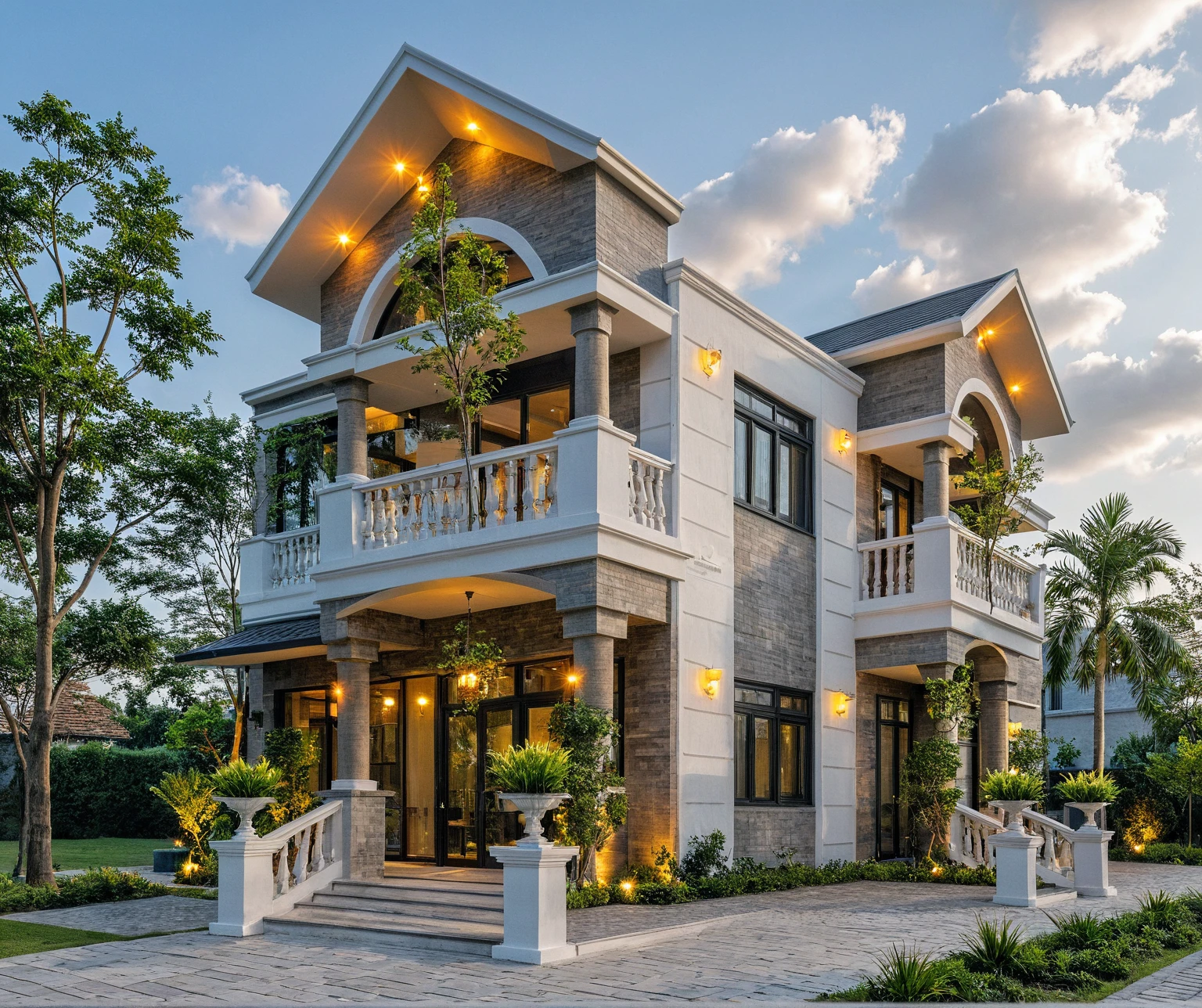 Masterpiece, high quality, best quality, authentic, super detail, outdoors, onestoreyvillaXL, aiaigroup, house style modern on the street ,stairs, white wall ,road,pavement, grass, trees, sky, cloud, (daylight:1.1)
