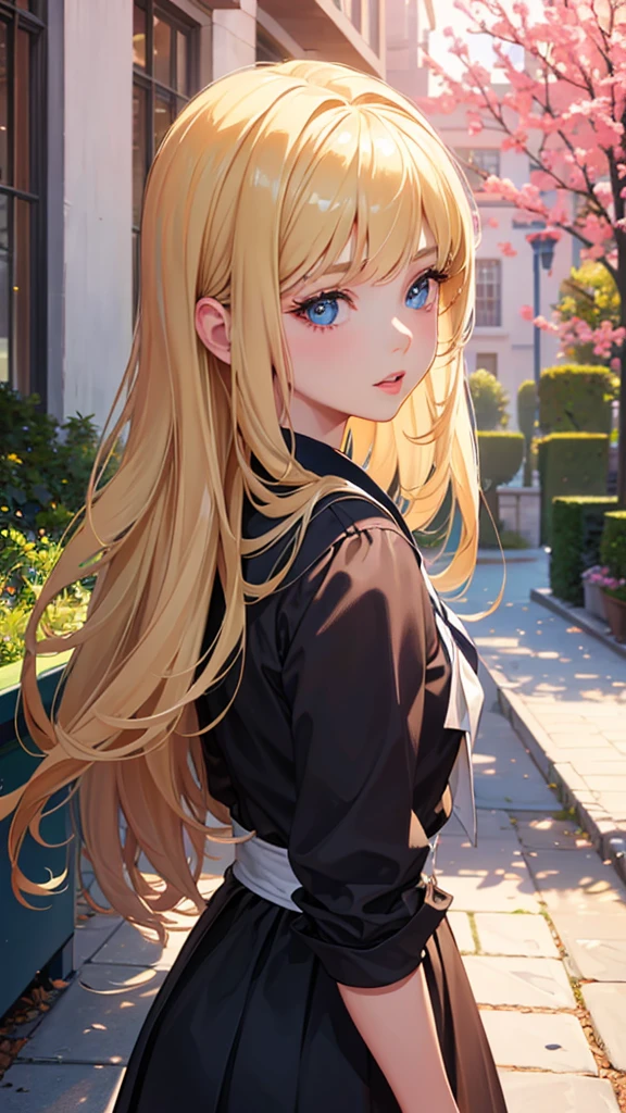 a girl in a , beautiful detailed eyes, beautiful detailed lips, extremely detailed face and features, long eyelashes, blonde hair, standing in a school courtyard, detailed background with trees and buildings, (best quality,4k,8k,highres,masterpiece:1.2),ultra-detailed,(realistic,photorealistic,photo-realistic:1.37),, school girl, outdoors, nature, hyper detailed, vivid colors, soft lighting, intricate background, professional photography