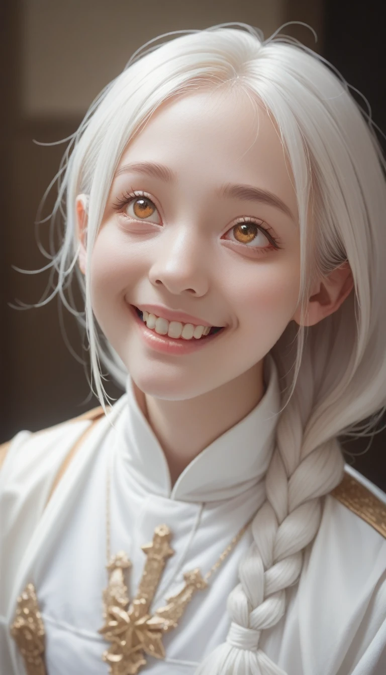 score_9_up, score_8_up, score_7_up, score_6_up, Top quality, High image quality, masterpiece, White hair, Golden Eyes, White clothes, look up, Upper Body, Hair, White skin, Side Braid, Smile, Double teeth