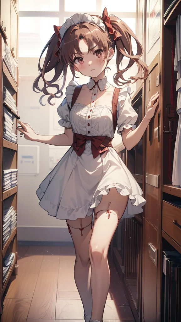 (highest quality, 8K, masterpiece, best image quality,  ultra hd, delicate and smooth skin, real looking skin, perfect and beautiful face ,perfect and cute face, high detail skin, perfect limbs、thin waist、thin legs)、NSFW、grumpy face、twin tails、brown hair、red ribbon、(Maid clothes)、locker room、