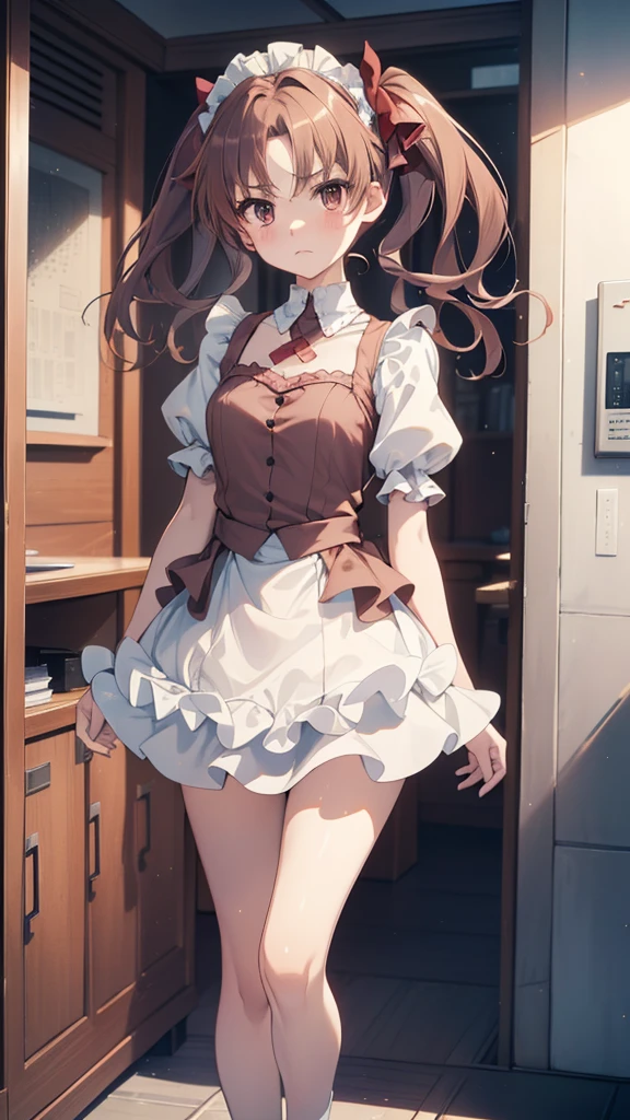 (highest quality, 8K, masterpiece, best image quality,  ultra hd, delicate and smooth skin, real looking skin, perfect and beautiful face ,perfect and cute face, high detail skin, perfect limbs、thin waist、thin legs)、NSFW、grumpy face、twin tails、brown hair、red ribbon、(Maid clothes)、locker room、