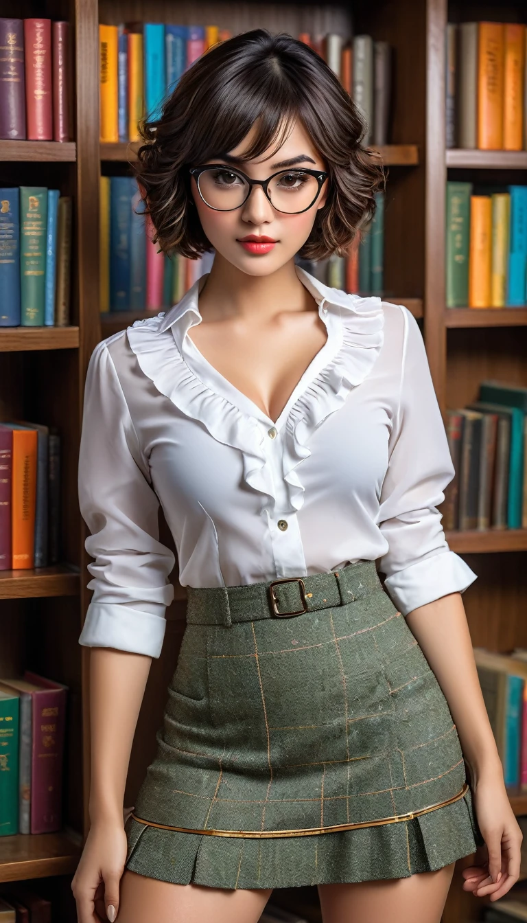(((beautiful beautiful Isabela Merced, posing for uploadss, looking sexy, ruffled lips, Cabelo curto e curly, extremely pretty eyes))), ((wearing floral silver necklace)), realistic uploadsgraph, highy detailed, Foco do pointed, (Main lighting), (indoor bookstore environment), artwork, extremely pretty, Perfect beauty, (perfect shape body, Broad Hips, small waist, thick-thighs, firm abs, Body cute, knees, knees, focus on the knees, breasts small), cabelo curto com franja, short hair with bangs covering the forehead, cabelo curto com franja ((((short hair with bangs covering the forehead)))), ((30 years old)), (extremely detaild 8k wallpaper), ((face detailed)), (((wearing white shirt, microsaia curta de tweed, knees, knees, very short skirt)), (long dark eyelashes), (looking at the camera), (((cleavage))), (glamor model), (seductive facial expression) (((standing between high shelves full of books))), extremely detaild, artwork, Intricate details, highy detailed, Foco do pointed, skin detailed, realistic skin texture, texture, detailedeyes, high resolution, kodak vision color, uploads_\(ultra\), Post-processing, maximum detail, roughness, real-life, ultra realistic, uploadsrealism, uploadsgraphy, absurderes, RAW uploads, highest quallity, high detail RAW color uploads, professional uploads, extremely detaild UHD 8k wallpaper unit, best quality, high resolution, (artwork, maximum quality, high resolution:1.4), uploads, cinematic, film grain, pointed, soft natural light, magic uploadsgraphy, super verbose, ((whole body: legs 1.3)), librarian glasses, nerd glasses, ((pleated miniskirt: miniskirt 1.3)), unbuttoned blouse with cleavage, bellybutton, navel, cleavage