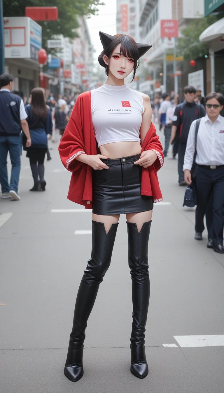 score_9_up, score_8_up, score_7_up, score_6_up, (Ultra Extreme detailed),(Master of Peace),(Ultra Extreme),(Reality),CG,(color:1.2), 美丽of灯光,Front light,score:of,独自of, Aaron,Four Corners,棕色of_hair,Double tail,长of_hair,Red Eyes,hair_Decorations,absolute_Liang Kee,thigh_boots,短of_skirt,宽of_sleeve,Black pants,