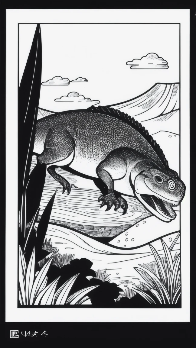 [As a coloring book, white and black color, borders should be simple, clear, distinct, and thick lines], [By Cartoon Style of dinosaur], [Feature], [Place], [Flower] --ar 3:4 --s 150
