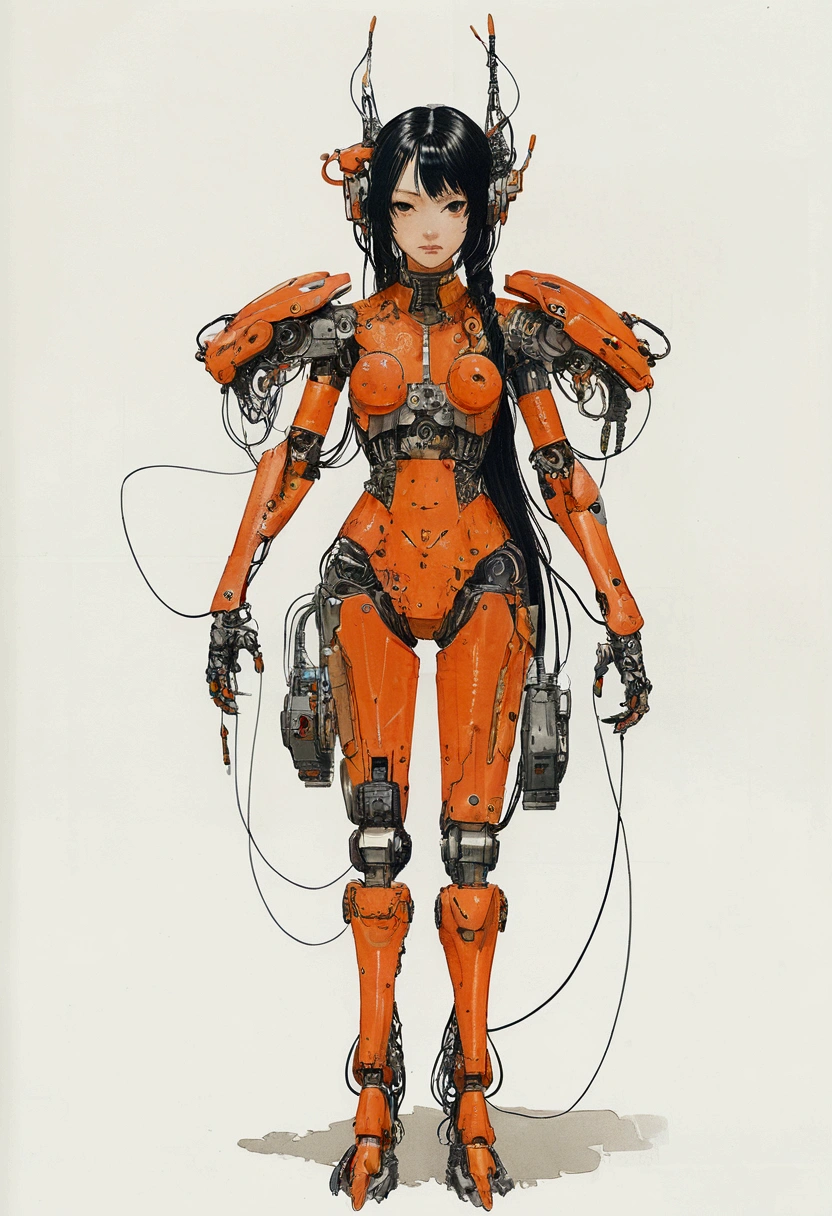 The Style of Kawanabe Kyosai、Female character design wearing an orange cybernetic exoskeleton、Black Hair、Hime cut、Concept Design Sheet、White background
