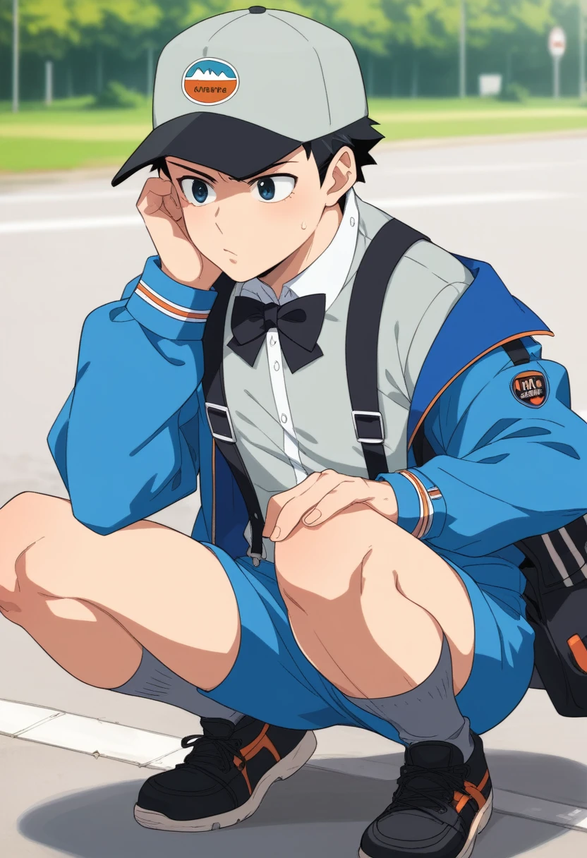 2D, masterpiece, Highest quality, anime, Very detailed, Cowboy Shot, One girl, alone, subaru_suspenders, subaru_suspenders, French Braid, Blue jacket, Grey Shirt, Black bow tie, star \(symbol\), Torn blue shorts, abdomen, Grey hat, Grey socks, Squat, Outdoor, Lace and lingerie with attention to detail,She kneels in front of the man and takes his dick in her mouth