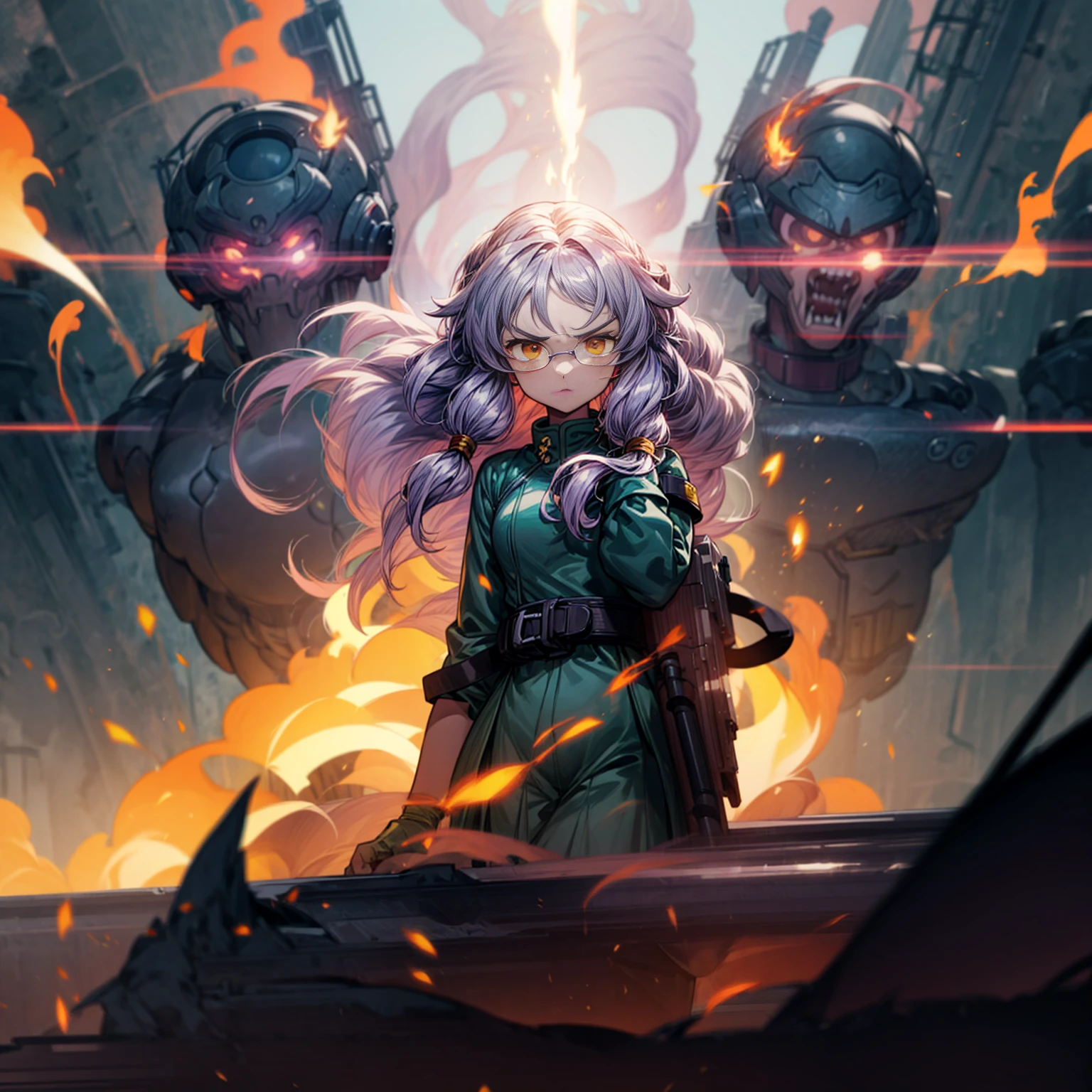 1tall girl, 1character, gold eyes, long Curly haircut, lavender color hair, army style clothing, white glasses, Long socks, boots army, Grassroots, background in top of the building, motion blur, (dragon ball style art), Big robot gun in hand, smoke effect, aura effect, Fire, lighting fire, plasma effect, fire city, (half body view version, angry , standing gesture)