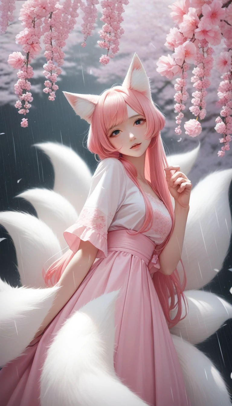 score_9_up, score_8_up, score_7_up, score_6_up, Nine snow-white fox tails (1.0), Milky white fox tail (1.0), Nine-tailed fox close-up, Nine Tails, Nine Tails, Pink Hair、Wearing a pink dress、Anime girl with flowers in her hair, very Beautiful anime fox girl, Beautiful anime fox girl, Beautiful fantasy anime, Gu Weiss, Anime girl with fox ears, Beautiful anime girl, Very beautiful and cute fox girl, Pink Flower Rain, Background blur, Anime style 4k, Anime Fantasy Artwork, 4k anime wallpaper, Guvez-style artwork