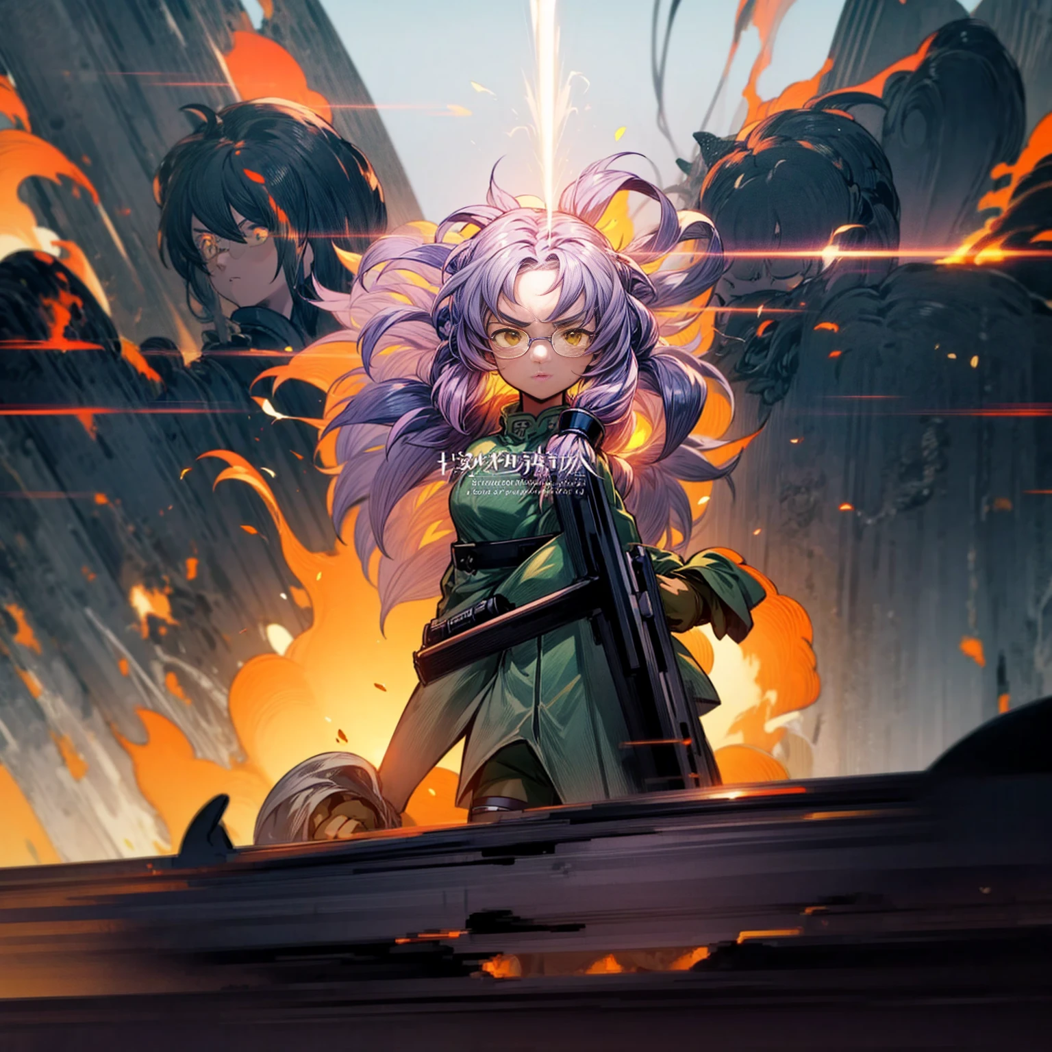 1tall girl, 1character, gold eyes, long Curly haircut, lavender color hair, army style clothing, white glasses, Long socks, boots army, Grassroots, background in top of the building, motion blur, (dragon ball style art), Big robot gun in hand, smoke effect, aura effect, Fire, lighting fire, plasma effect, fire city, (half body view version, angry , standing gesture)