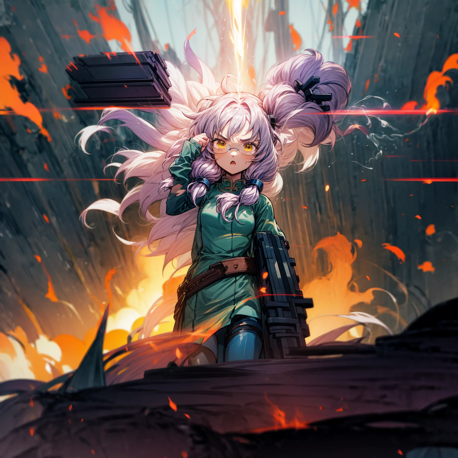 1tall girl, 1character, gold eyes, long Curly haircut, lavender color hair, army style clothing, white glasses, Long socks, boots army, Grassroots, background in top of the building, motion blur, (dragon ball style art), Big robot gun in hand, smoke effect, aura effect, Fire, lighting fire, plasma effect, fire city, (half body view version, angry , standing gesture)