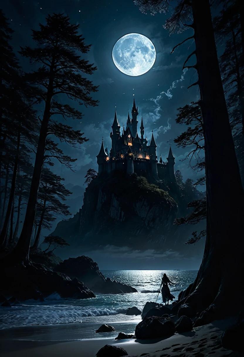 arafed, dark fantasy art, goth art,  an award winning digital picture, National Geographic picture of a dark mysterious island at night, it is night time, a dark island, dark gloomy beach, skull on the beach, some large ancient trees, a dark castle, lit with torches, necromancy magic, full moon, some stars,  Ultra-high resolution, High Contrast, (masterpiece:1.5), highest quality, Best aesthetics), 16K fantasy art, best details, best quality, highres, (ultra wide angle: 1.2), 16k, [ultra detailed], masterpiece, best quality, (extremely detailed), ladyshadow