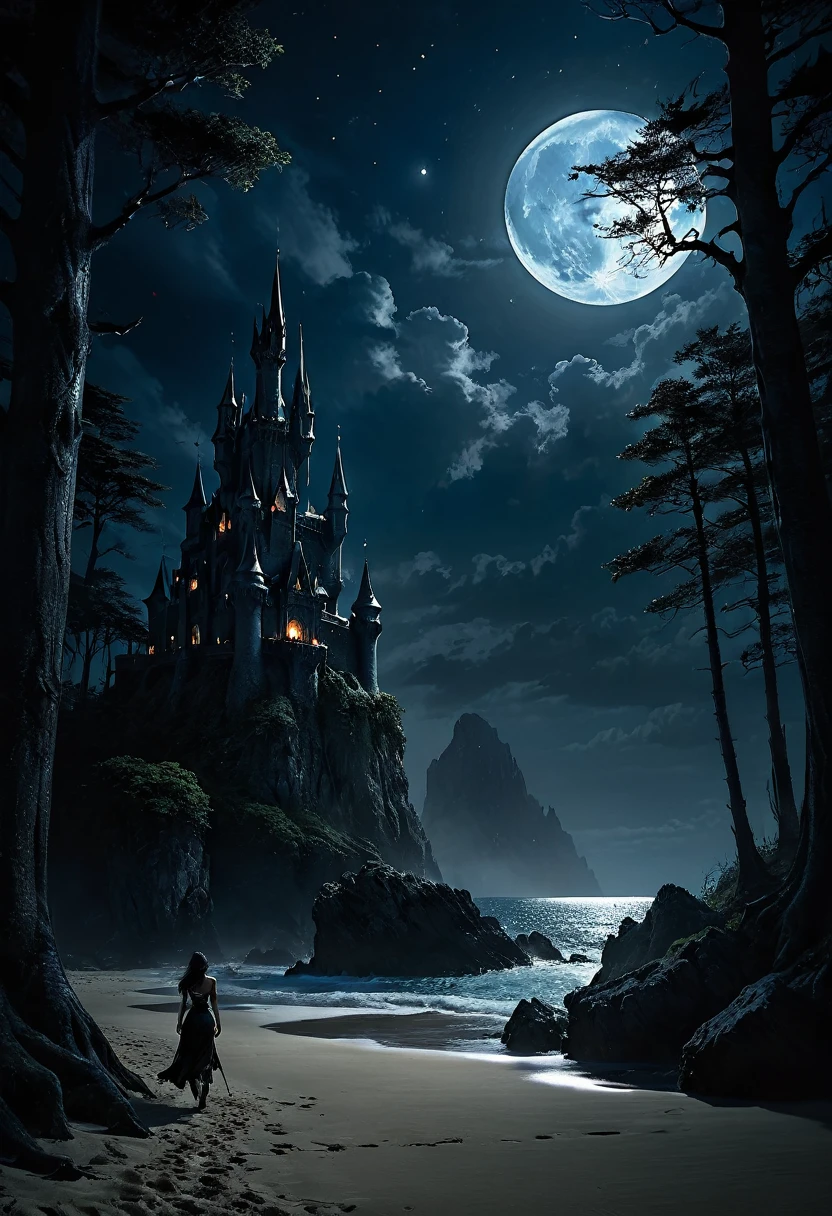 arafed, dark fantasy art, goth art,  an award winning digital picture, National Geographic picture of a dark mysterious island at night, it is night time, a dark island, dark gloomy beach, skull on the beach, some large ancient trees, a dark castle, lit with torches, necromancy magic, full moon, some stars,  Ultra-high resolution, High Contrast, (masterpiece:1.5), highest quality, Best aesthetics), 16K fantasy art, best details, best quality, highres, (ultra wide angle: 1.2), 16k, [ultra detailed], masterpiece, best quality, (extremely detailed), ladyshadow