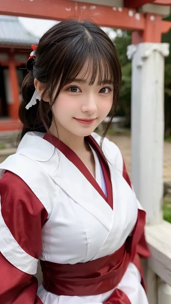 (highest quality,8K quality,masterpiece:1.3),(ultra high resolution,photorealistic:1.4,Live shooting),(Super detailed,caustics),(ultra-realistic capture,Beautifully detailed skin),(twilight),(shrine),(torii)、(white and red shrine maiden costume),18-year-old,Japanese,cute,black long hair,Low ponytail,Smiling and looking at the camera,big ,bust up shot,(Close-up),(breast focus),(low position),(Low - Angle),soft light,Natural light,