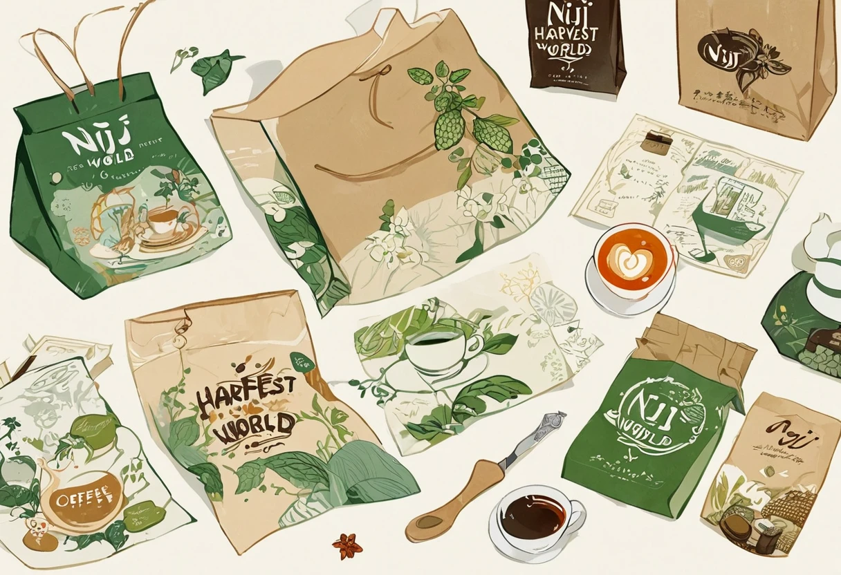 A set of tea sets for casual relaxation with illustrations,calligraphic fonts with green tones,coffee bags,paper bags,prints and accessories,with the theme of the harvest world,clean light gray background,(niji:2),hand-drawn,illustration style