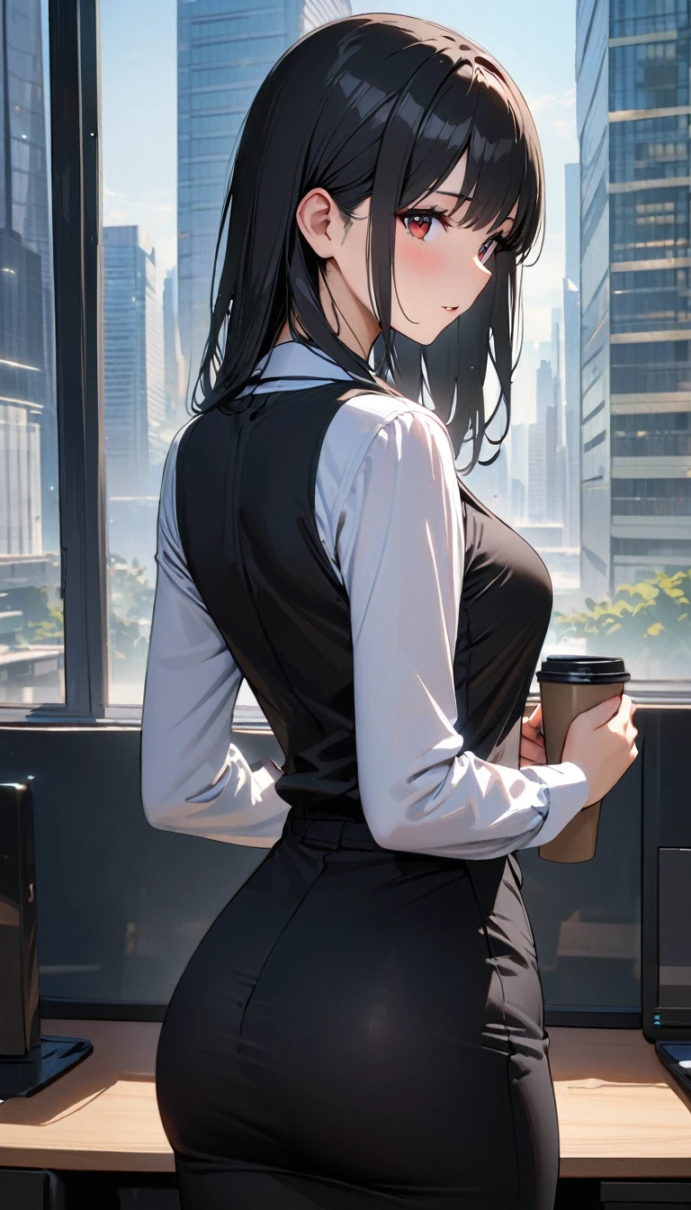 1 Woman Standing, holding a coffee cup, Turn your back, Clothing of office workers, Mature Woman, /(Black Hair/) bangs, (Masterpiece Top quality:1.2) Delicate illustrations, super detailed, Slender, /(Modern office indoors/), Skyscraper,modern, Verism, masterpiece, textured skin, super detail, best quality, 4K
