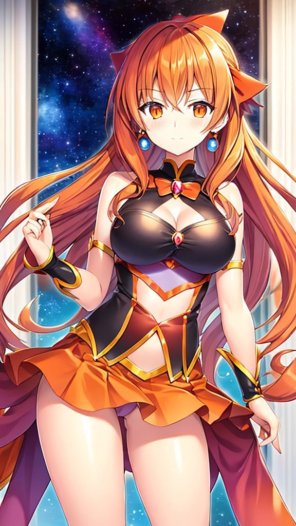 Magical girl　Orange wavy hair　Orange and black costume　Short mini skirt　Medium sized breasts　Adult sister　A relaxed expression　universe space