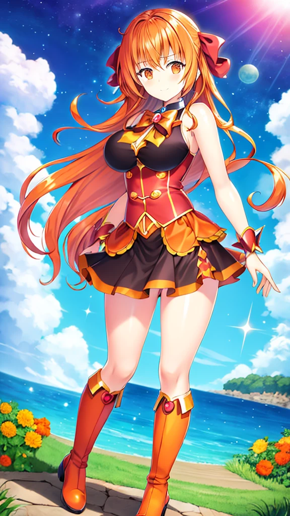 Magical girl　Orange wavy hair　Orange and black costume　Short mini skirt　Medium sized breasts　Adult sister　A relaxed expression　universe space