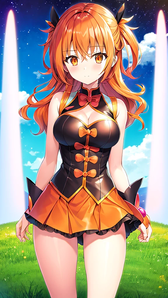 Magical girl Orange wavy hair Orange and black costume Short mini skirt Medium sized breasts Adult sister A relaxed expression universe space