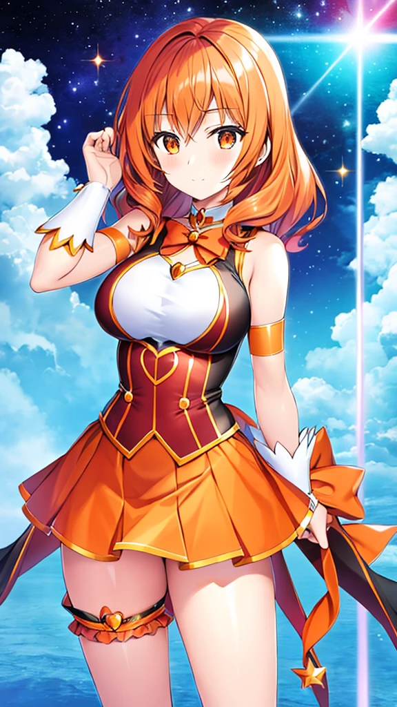 Magical girl Orange wavy hair Orange and black costume Short mini skirt Medium sized breasts Adult sister A relaxed expression universe space