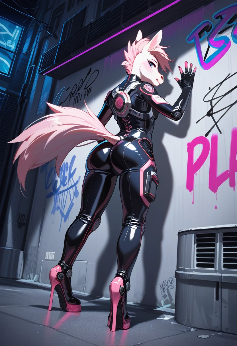 animation, Highest quality, Highest quality, High quality illustrations, masterpiece, Ultra-high resolution, Detailed Background, alley, night, wall graffiti art, Absurd, Perfect Anatomy, performance, Good lighting, Shadows in the movies(kemono, Furry Personifi猫ion), horse, Pink rubber suit, latex, neon, neonライト, neonカラー, Bodysuits, Cyber Suit, Mech Suit, cyber punk, Put your hand on the wall, Show your ass, Dynamic Angle