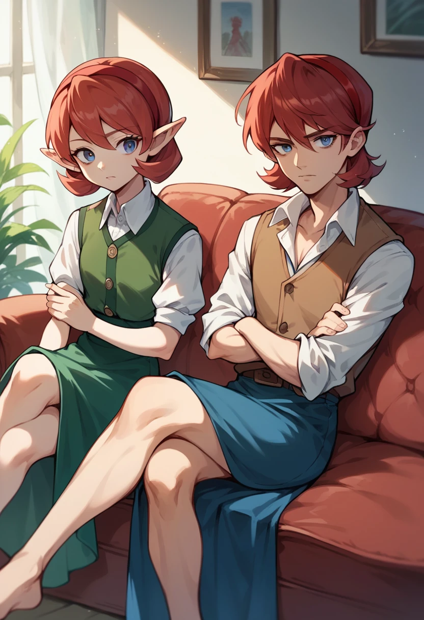 saria, sitting, crossed legs, couch, red hair, brown vest, bare chest, white sleeves, skinny, rolled up sleeves, blue skirt, leather brown vest, buttons vest, long skirt, bangs, t-shirt, red hairband