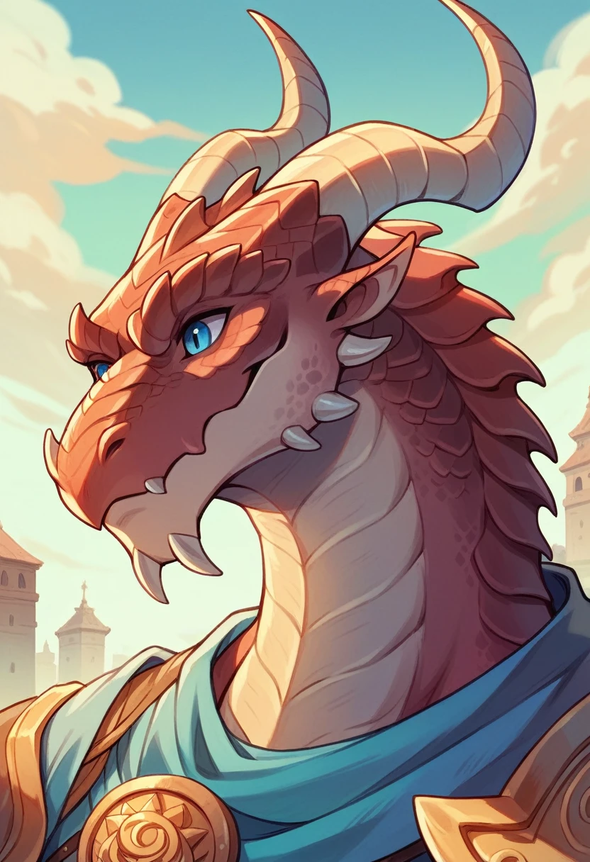 Ultra Detailed, Beautiful, Masterpiece, Best Quality, Dragonborn, Epic, 1guy, Fantasy, Dungeons and Dragons, Bronze Scales, electric blue eyes, curved horns.