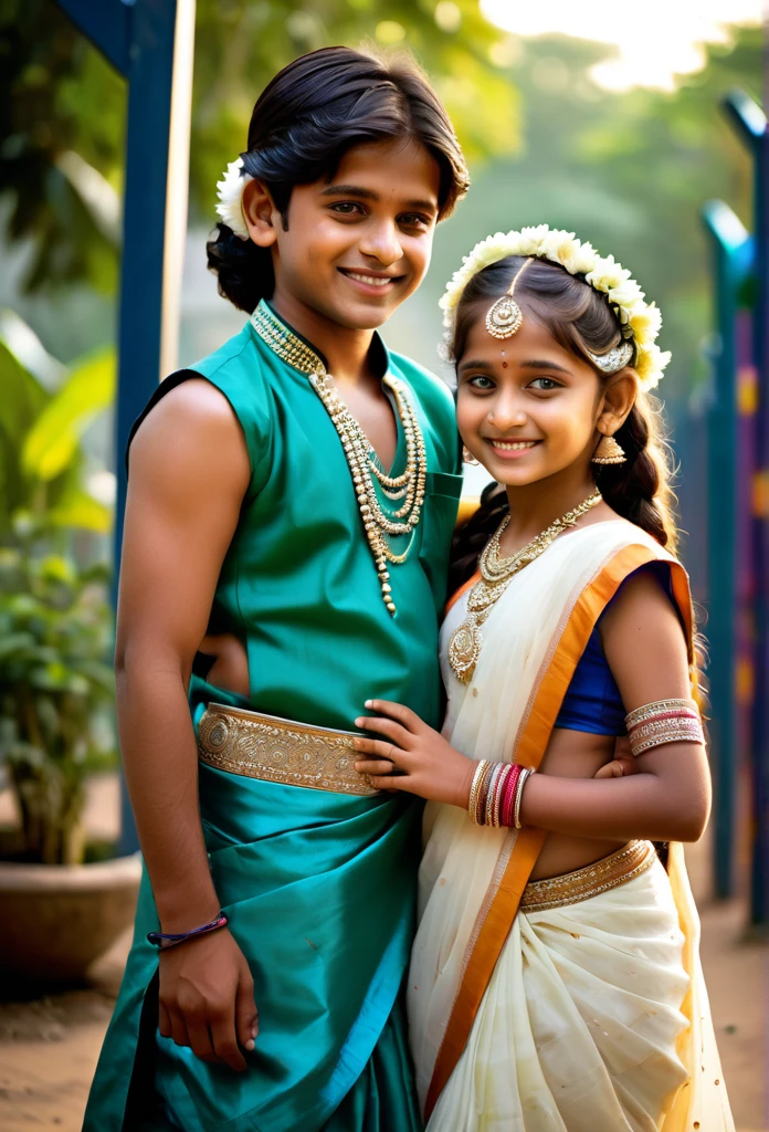 An emotional reunion between a brother and sister, both dressed in traditional Indian school attire, which includes the brother in shorts and a sleeveless shirt, while the sister is adorned as an Indian goddess. For the first time, the brother lays eyes on his sister in this divine form, his heart swelling with a mix of awe and love. The setting is a vibrant, well-maintained schoolyard, with lush greenery and colorful playground equipment in the background, hinting at the innocence and purity of their bond. The brother, with his school bag slung over one shoulder, has a look of disbelief as he stares into the eyes of his sister, whose face is glowing with a heavenly radiance. She wears a stunning, intricately designed lehenga choli, her arms and neck adorned with a plethora of shimmering jewels and fresh flowers. Her hair is styled in elaborate braids, complemented by a majestic tiara that adds to her ethereal allure. Despite her divine transformation, she is still the same warm and loving sibling he has always known. The moment is captured in a tight, heartfelt hug, their bodies entwined as they cling to each other, oblivious to the world around them. The brother's sleeveless shirt and rolled-up  shorts stand in stark contrast to the opulence of his sister's attire, yet the embrace speaks of a connection that transcends appearances. Tears of joy glisten in their eyes, and their smiles are wide and genuine. The image encapsulates the unbreakable bond of siblings, the beauty of cultural heritage, and the magical intertwining of the mortal and the divine in a single, poignant moment of shared emotion.