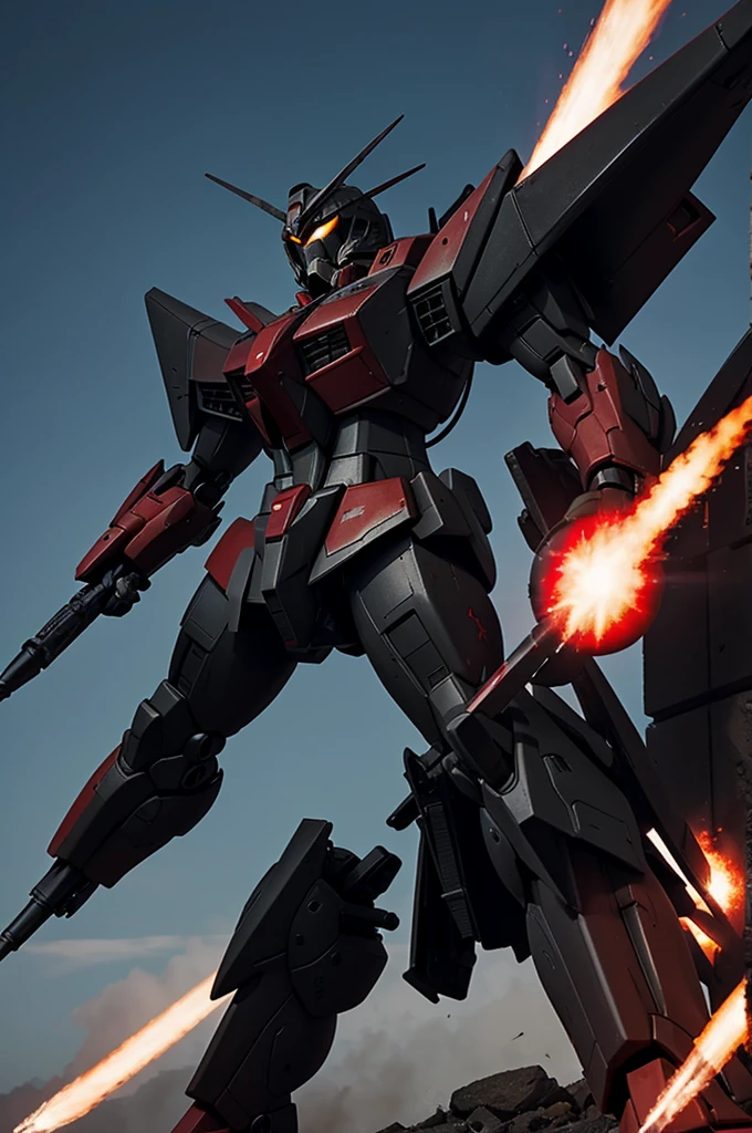 A Gundam with black and red markings would likely have a striking and aggressive appearance. The black could be used for primary armor plating, providing a sense of strength and durability. Red accents might be applied to highlight key features such as joints, vents, and trim, emphasizing both functionality and aesthetic appeal. These markings could also include geometric patterns or symbols that enhance the Gundam's visual impact and suggest a tactical or specialized role in combat. Overall, the combination of black and red would give the Gundam a fierce and commanding presence on the battlefield