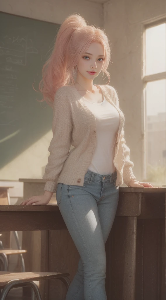 ((masterpiece, Best Quality, high resolution, Perfect Pixel, 8K))), ((1 girl、full body seen))、 ((Bangs、gorgeous pink hairs、ponytail、Rebecca from onepiece anime、two long hairs on side))、((Gorgeous eyes、Beautiful eyelashes、Realistic eyes))、 ((Detailed face, Blushing:1.2))、((Smooth texture:0.75, Realistic texture:0.65, Photorealistic:1.1))、Dynamic Angle、Perfect body、(perfectly insanely detailed eyes、Holding the handbag perfectly、playing with hairs、pink cheeks、((wearing a white shirt、black cardigan、long jeans、handbag、wearing a watch on left hand、earrings、in classroom、University blackboard、happy face、sitting and talking to audience happily、legs crossed、gorgeously legs crossed、eating candy))、mouth open、ultra realistic eyes、ultra insanely detailed eyes、talking to audience、beautiful black heels、(beautiful portrait、very High quality、ultra high definition、 insanely detailed face、ultra high quality、ultra high clarity)、insanely detailed dress、curvy body、white skin、best clarity、ultra highest resolution、8k resolution、beautiful smile、beautiful eyelashes、gorgeous face、gorgeous representation of a face、perfect body、erotic look on face、dynamic lightning、(innocent_big_eyes:1.0)、Bright_Front_face_Lighting、shiny skin、bokeh:1.2、Full body shot、professional photograph、textured leather,big hips, big breasts, hips up back view.