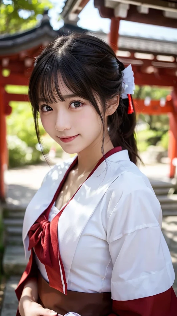 (highest quality,8K quality,masterpiece:1.3),(ultra high resolution,photorealistic:1.4,Live shooting),(Super detailed,caustics),(ultra-realistic capture,Beautifully detailed skin),(twilight),(shrine),(torii)､(white and red shrine maiden costume),18-year-old,Japanese,cute,black long hair,Low ponytail,Smiling and looking at the camera,big ,bust up shot,(Close-up),(breast focus),(low position),(Low - Angle),soft light,Natural light,