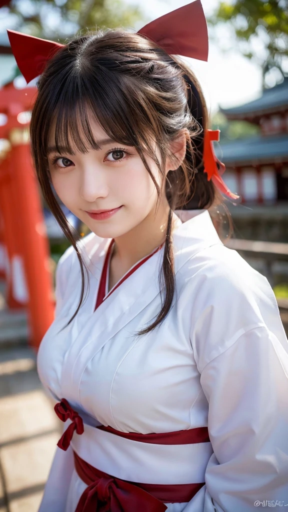 (highest quality,8K quality,masterpiece:1.3),(ultra high resolution,photorealistic:1.4,Live shooting),(Super detailed,caustics),(ultra-realistic capture,Beautifully detailed skin),(twilight),(shrine),(torii)、(white and red shrine maiden costume),18-year-old,Japanese,cute,black long hair,Low ponytail,Smiling and looking at the camera,big ,bust up shot,(Close-up),(breast focus),(low position),(Low - Angle),soft light,Natural light,