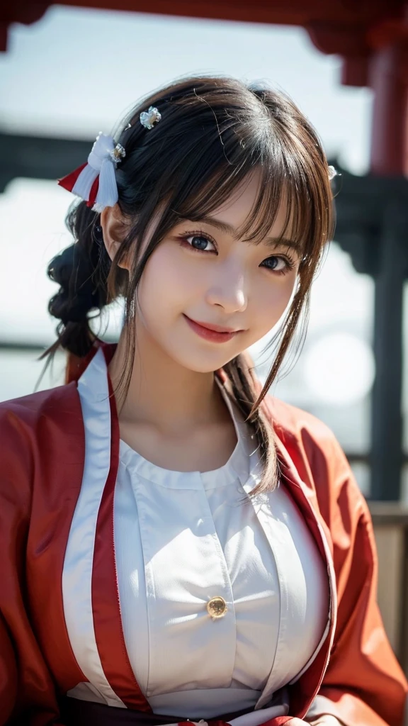 (highest quality,8K quality,masterpiece:1.3),(ultra high resolution,photorealistic:1.4,Live shooting),(Super detailed,caustics),(ultra-realistic capture,Beautifully detailed skin),(twilight),(shrine),(torii)、(white and red shrine maiden costume),18-year-old,Japanese,cute,black long hair,Low ponytail,Smiling and looking at the camera,big ,bust up shot,(Close-up),(breast focus),(low position),(Low - Angle),soft light,Natural light,