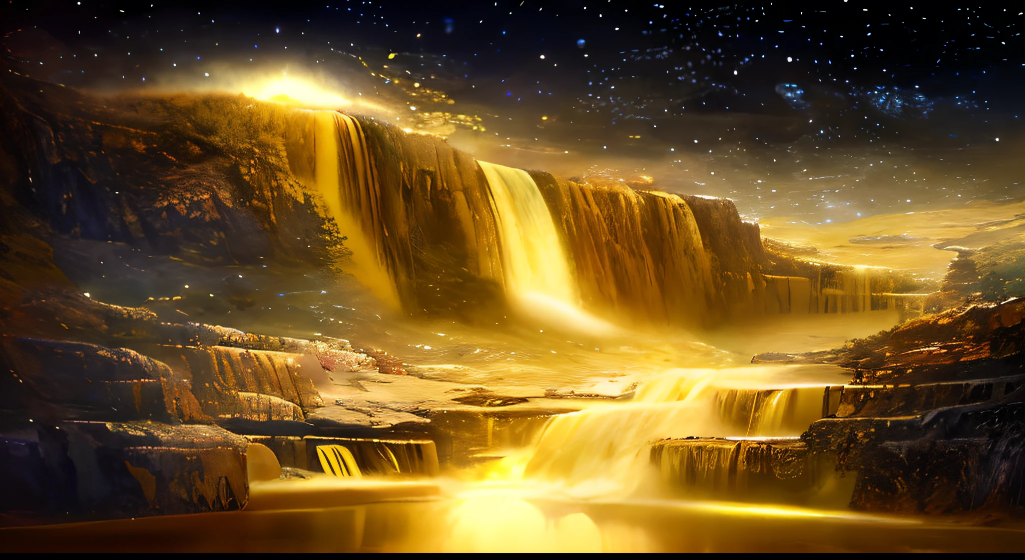 Draw waterfalls with people on a boat on the river, gold waterfalls, Galaxy Falls, Nebula Falls, floating waterfalls, huge waterfalls, waterfall in asteroid field, alien waterfall, Flowing optical flow, an endless waterfall, Stunning waterfall, Beautiful fantasy painting, bioluminescent waterfall, gold ethereal light, beautiful stunning waterfall, epic surrealist 8K oil painting