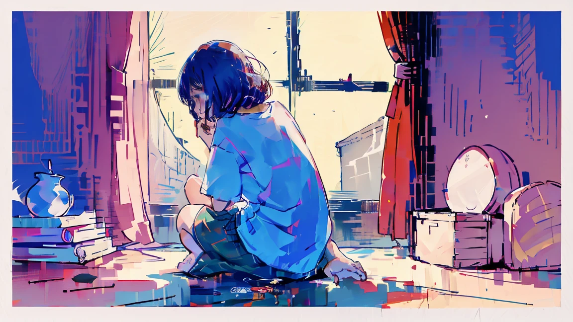 watercolor,girl,Back view,One person,Gazing into the distance from the window,The whole room moves,White T-shirt,Messy room,crouch,cry,sad,high resolution,