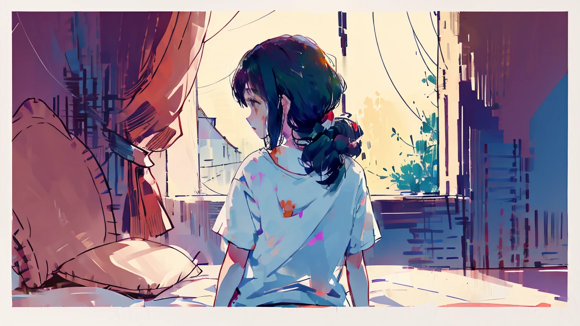 watercolor,girl,Back view,One person,Gazing into the distance from the window,The whole room moves,White T-shirt,Messy room,crouch,cry,sad,high resolution,