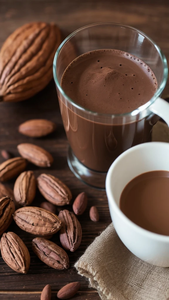 Cocoa beans and a glass of cold cocoa