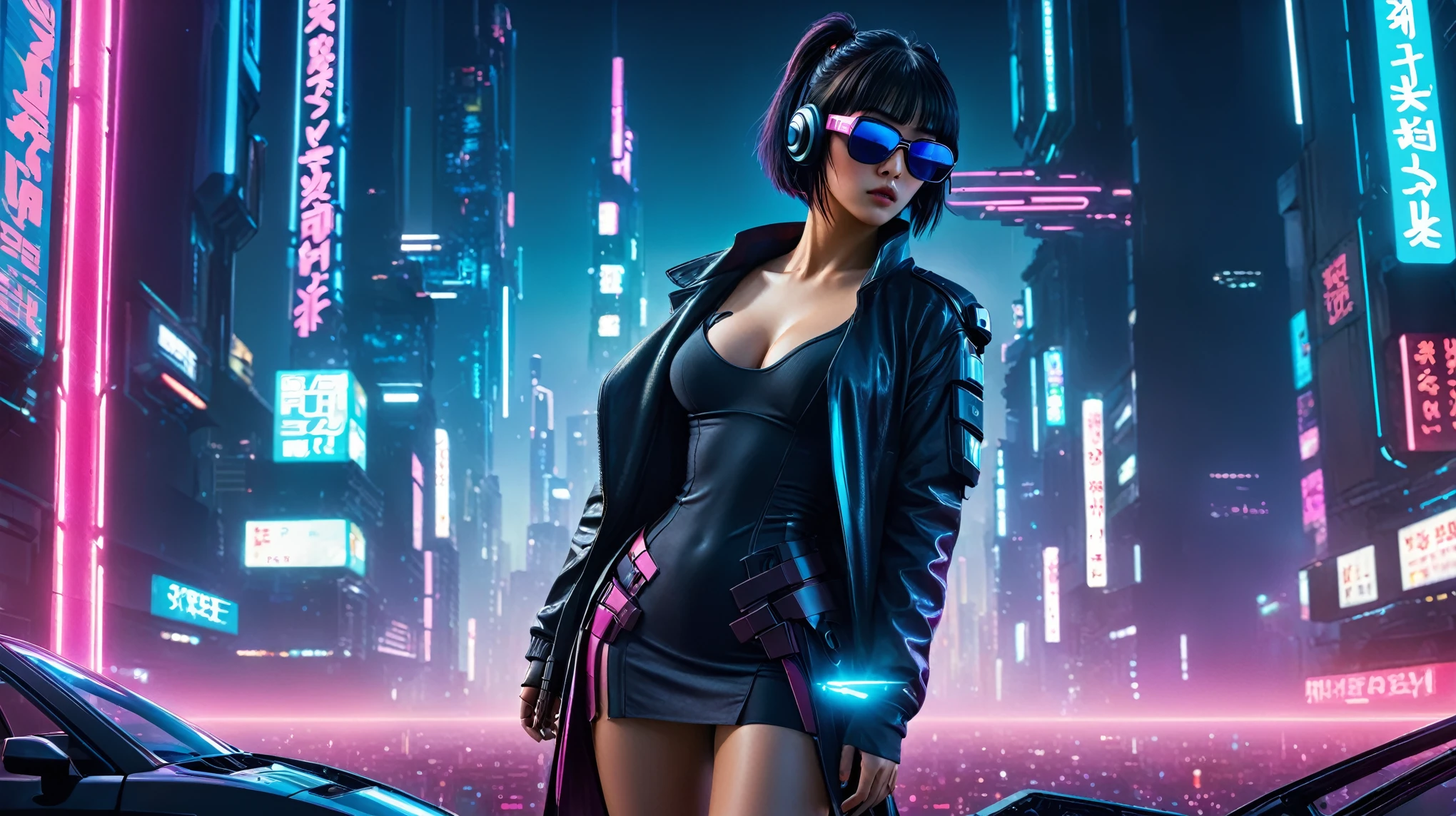 aerial view, dark night, A vast cyberpunk landscape set in Korea with ((flying cars)) and neon lights, in shades of pink, blue and red, (Matrix style cascading code), in the style of Blade Runner and Ghost In The Shell. (((((1girl, solo, alone))))), large-breast:1.2 slim body, cleavage:1.1, sexy miniskirt, ((((headphone, black sunglasses, standing and holding pistol pose)))), (((half-body thigh level medium shot))), cinematic lighting, lens flare, ray tracing.
