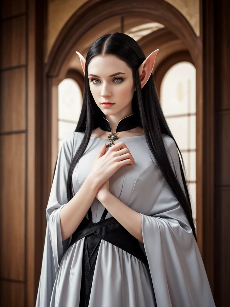 (best quality), 1girl, female, pale skin, (black hair), long hair, straight hair, grey eyes, perfect eyes, slender, tall, (elf), pointed ears, fantasy dress, stylish, elegant, serious, normal bust, masterpiece, anatomically correct, highres
