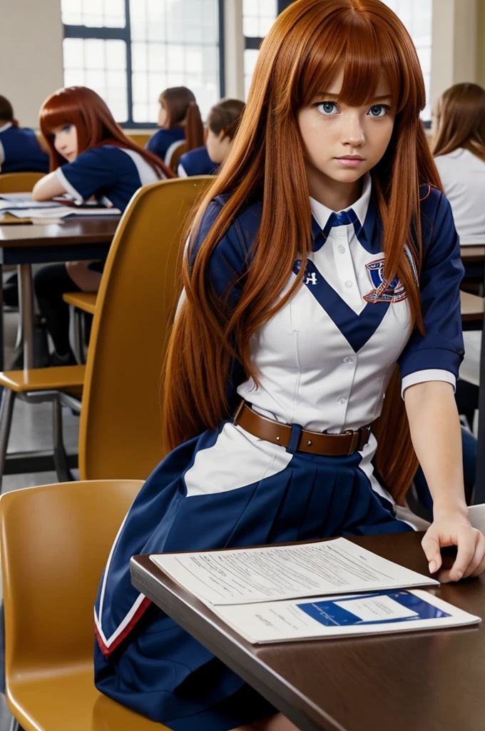 Screenshot of my hero academia. 
Long-haired redhead girl with bangs.
Honey-colored eyes with a serious expression. She is wearing the UA uniform and in the background she has a UA school class and she is sitting at a table