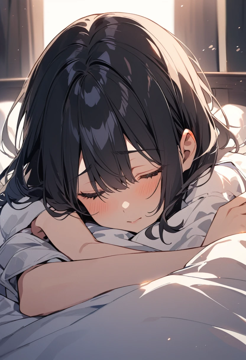 A girl with short black hair closes her eyes in bed
