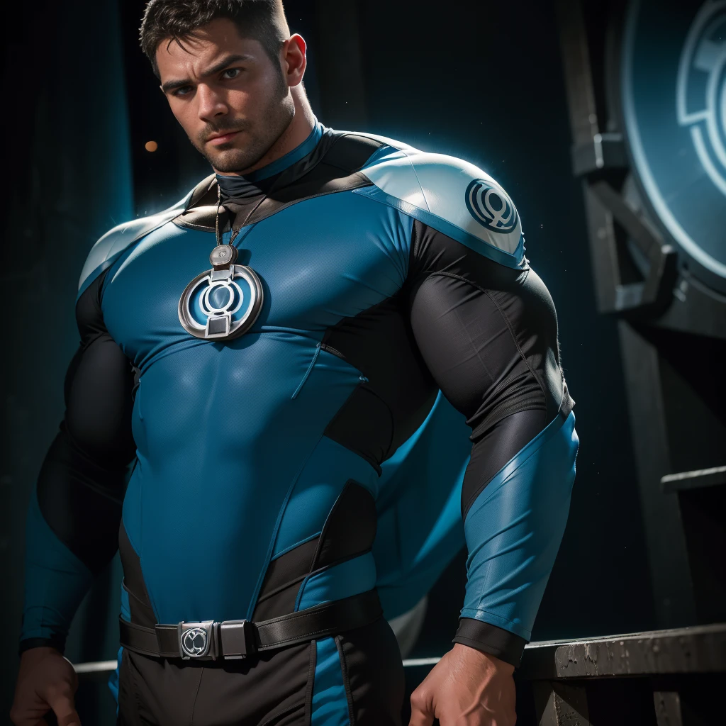 An award-winning original photo,A wild muscular man, (30 years old man:1.3), 1boy, Solo, (wearing a (blue lantern) tight metal suit), (blue ring on a finger), neon blue details, black hair, (big shoulder), muscular, hunk, stubbles, Short beard, (Detailed face:1.3), (beautiful eyes:1.2), soft smile, Dynamic Angle, volumetric lighting, (Best quality, A high resolution, Photorealistic), Cinematic lighting, Masterpiece, RAW photo, Intricate details, hdr, depth of field, upper body shot, in space background